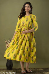 Rayon printed maternity gown with feeding zip, three-quarter sleeves. M-XXXL size options for expectant mothers